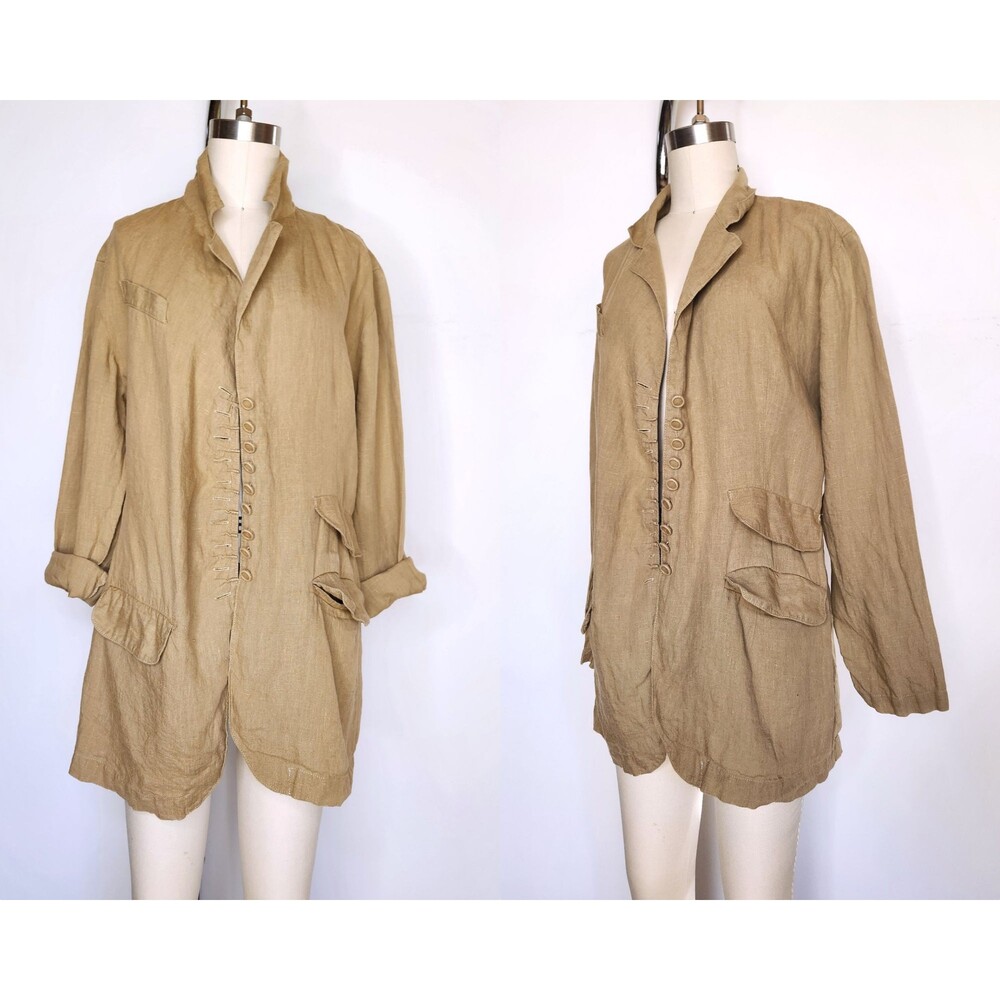 Green Sage Linen Jacket Blazer by Sue Wong -Green Linen Duster - Made in USA S M